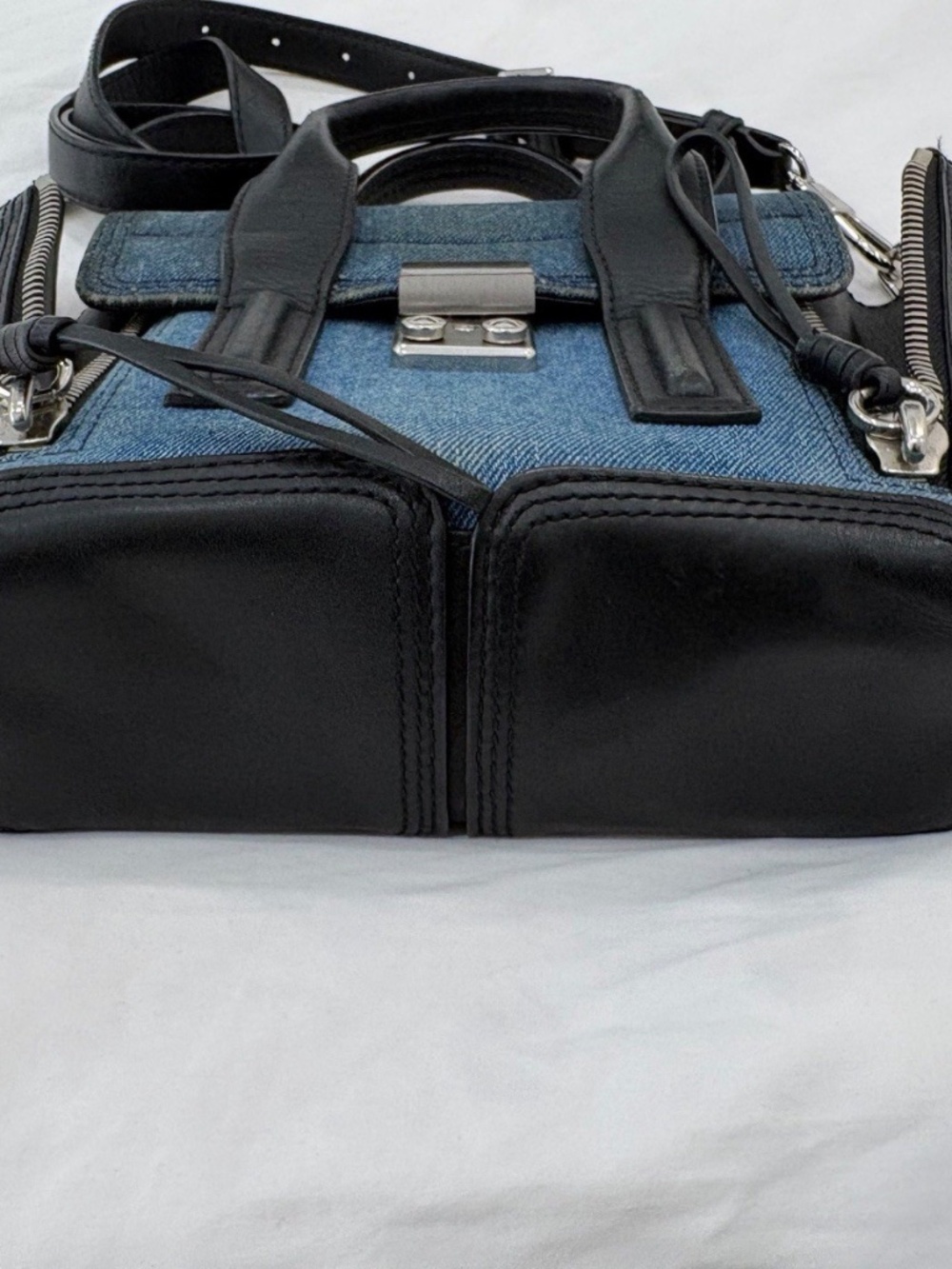 3.1 Phillip Lim Pashli Denim/Black Leather Satchel Top Handle Detachable Strap - Picture 10 of 10